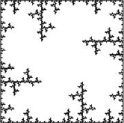 \begin{tikzpicture*}
  \begin{luacode}
    function lind(start, rules, n, syntax)
       local tmp = start
       local ret = 
       for i=1,n do
          ret = 
          for c in tmp:gmatch(.) do
             if rules[c] == nil then
                 ret = ret .. c
             else
                 ret = ret .. rules[c]
             end
          end
          tmp = ret
       end
       ret = {}
       for c in tmp:gmatch(.) do
          if syntax[c] == nil then
    	      tex.error(Unknown syntax:  .. c)
          else
    	 table.insert(ret, syntax[c])
          end
       end
       return ret
    end
  \end{luacode}

  \begin{luacode}
    function createGensymCounter()
      local count = 0

      local inc = function()
        count = count + 1
        local ret = gensym .. count
        return ret
      end

      local curr = function()
        local ret = gensym .. count
        return ret
      end

      return inc, curr
    end

    function turtle(commands)
      local dir = 0
      local gensymInc, gensymCurr = createGensymCounter()
      for i, cmd in ipairs(commands) do
        if cmd.command == forward then
          tex.print([[\noexpand\draw (]] .. gensymCurr() .. ) -- coordinate[pos=1] ( .. gensymInc() .. ) +( .. dir .. :.. cmd.dist ..);)
        elseif cmd.command == turnL then
          dir = math.mod(dir + cmd.angle, 360)
        elseif cmd.command == turnR then
          dir = math.mod(dir - cmd.angle, 360)
        else
          tex.error(Unknown turtle command:  .. cmd)   
          print(Turtle command=  .. cmd.command)
        end
      end
    end
  \end{luacode}

  \newcommand\LSystem[4]{
    \luaexec{
      turtle(lind(#1, {#2}, #3, {#4}))
    }
  }

  \newcommand\turtleForward[1]{{command=forward, dist=#1}}
  \newcommand\turtleTurnL[1]{{command=turnL, angle=#1}}
  \newcommand\turtleTurnR[1]{{command=turnR, angle=#1}}
  \newcommand\LSInitial[1]{#1}
  \newcommand\LSExpansion[1]{#1}

  \LSystem{\LSInitial{FlFlFlF}}
          {F=\LSExpansion{FFlFllFlF}}
          {4}
          {F=\turtleForward{0.04},
           l=\turtleTurnL{90},
           r=\turtleTurnR{90}}
\end{tikzpicture*}
